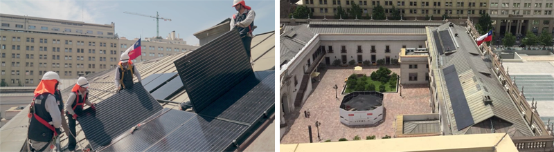 Montaje de 2 fotos. A la izquierda, operarios instalan un techo solar sobre la cubierta del Palacio de la Moneda, sede de la Presidencia de la República de Chile. A la derecha, vista aérea del Palacio de la Moneda y vista de la instalación solar. 