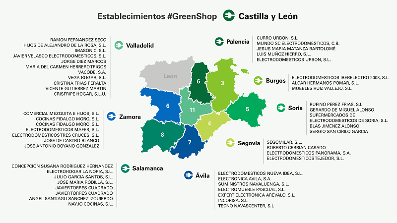 Mapa de provincias de castilla y león con los establecimientos que participan en el programa #GreenShop de Fundación Ecolec. 