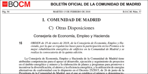 Comunidad de Madrid convoca los V Premios a la Mejor Rehabilitación Energética de Edificios