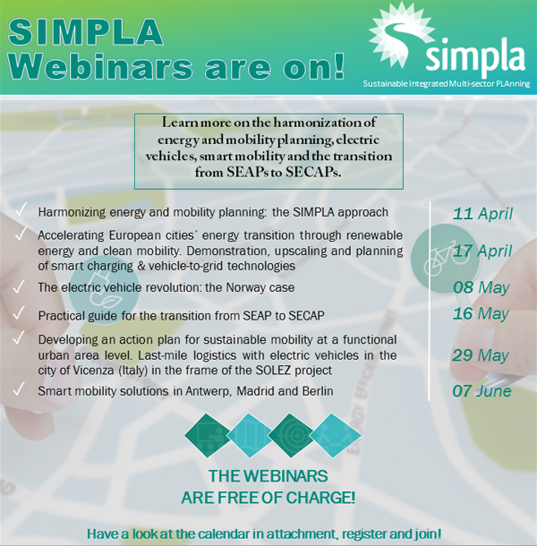 Calendario de webinars que imparte el Proyecto SIMPLA desde abril hasta junio sobre armonización de energía y movilidad. 