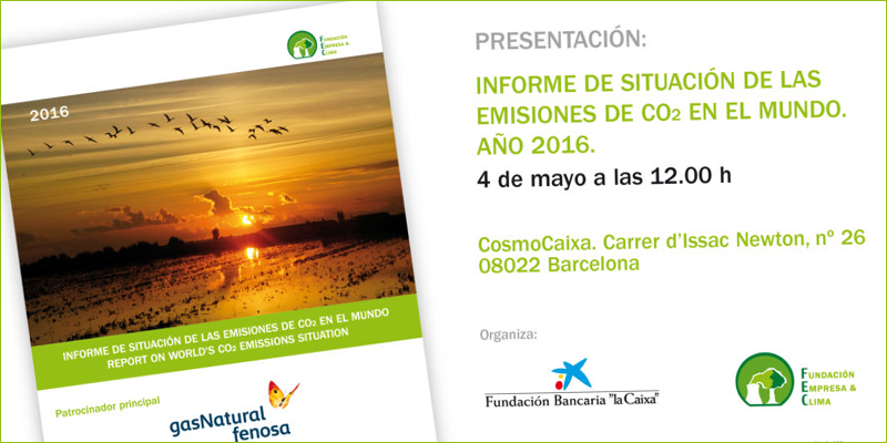 Anuncio de la jornada de presentación en Barcelona del 9º Informe de situación de las emisiones de CO2 en el mundo, 2016.