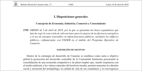 Subvenciones para promover la eficiencia energética y el uso de renovables en la administración pública de Canarias