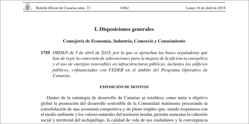 Fragmento de la Orden de 5 de abril de 2018 publicada en el Boletín Oficial de Canarias el lunes 16 de abril con las bases de las subvenciones para mejorar la eficiencia energética en la administración pública.