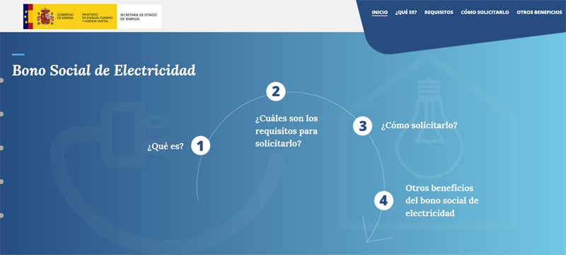 Pantallazo de la página de inicio de la web lanzada por el Minetad para informar sobre el bono social eléctrico. 