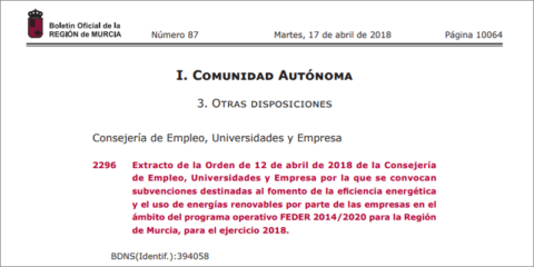 Ayudas para la eficiencia energética y el uso de renovables en empresas de Región de Murcia
