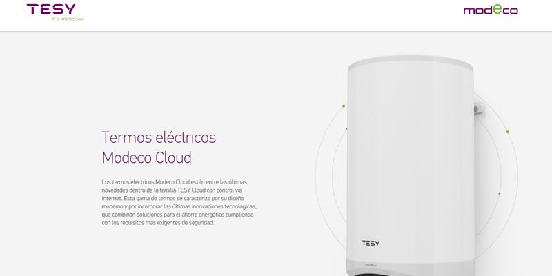 Inicio de la web de TESY sobre los termos eléctricos Modeco Cloud.