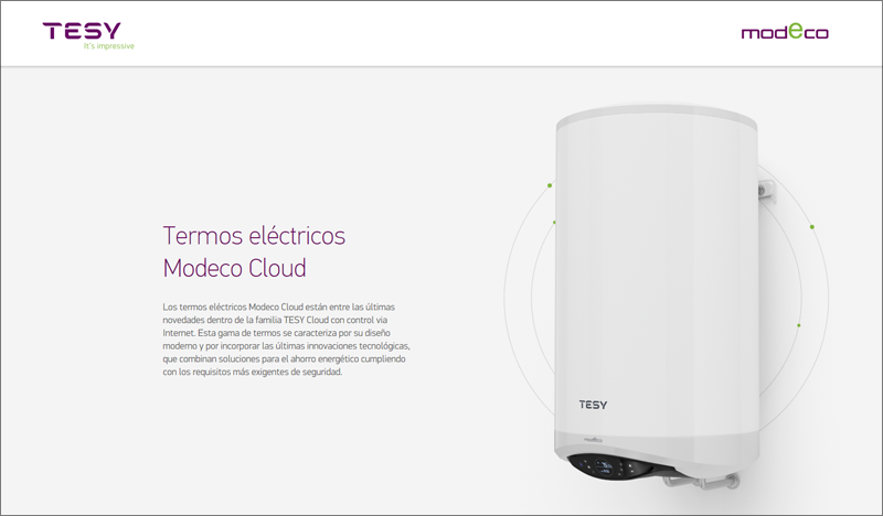 Inicio de la web de TESY sobre los termos eléctricos Modeco Cloud. 