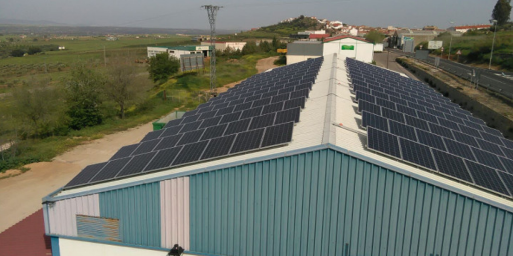 Placas fotovoltaicas sobre la cubierta de la nave de una cooperativa agrícola ganadera en Castuera, Badajoz.