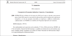 Fragmento de la publicación en el BOC de 14 de mayo de 2018 con el Extracto de la Orden por la que se convocan ayudas para mejorar la eficiencia energética e implantar renovables en empresas y edificios residenciales.