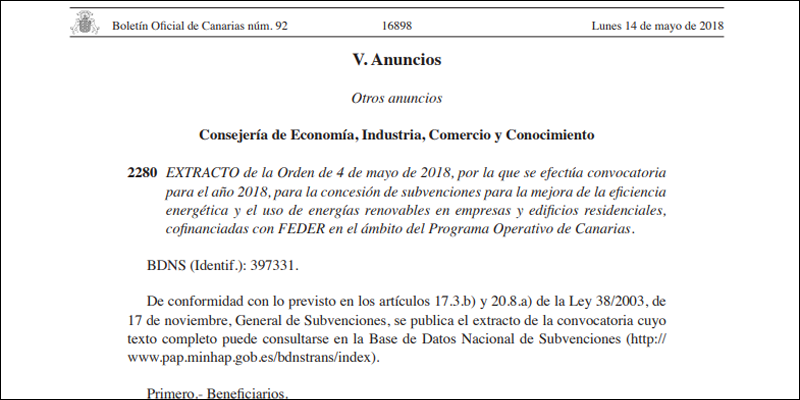 Fragmento de la publicación en el BOC de 14 de mayo de 2018 con el Extracto de la Orden por la que se convocan ayudas para mejorar la eficiencia energética e implantar renovables en empresas y edificios residenciales.