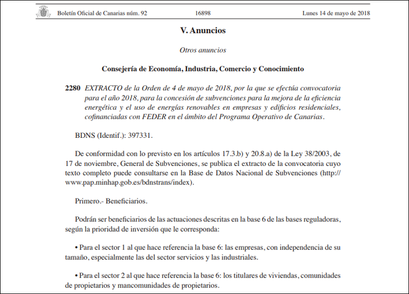 Fragmento de la publicación en el BOC de 14 de mayo de 2018 con el Extracto de la Orden por la que se convocan ayudas para mejorar la eficiencia energética e implantar renovables en empresas y edificios residenciales. 