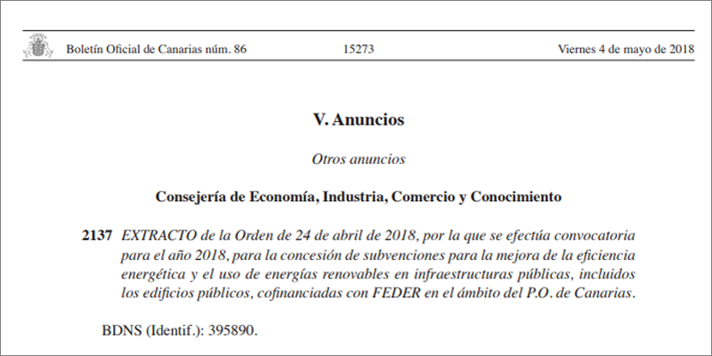 Fragmento de la primera página del Extracto de la Orden de 24 de abril de 2018 del Gobierno de Canarias.