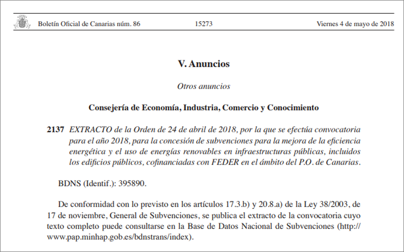 Fragmento de la primera página del Extracto de la Orden de 24 de abril de 2018 del Gobierno de Canarias. 