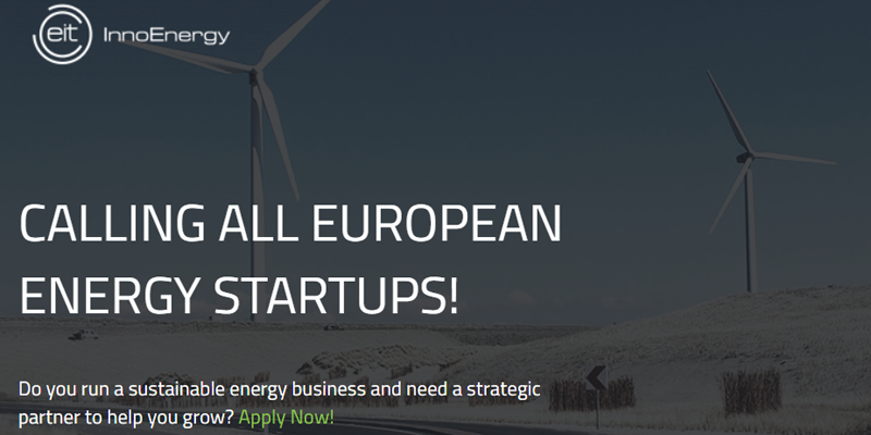 Anuncio de la convocatoria de InnoEnergy para emprendedores en energías sostenibles.