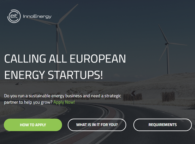Anuncio de la convocatoria de InnoEnergy para emprendedores en energías sostenibles.