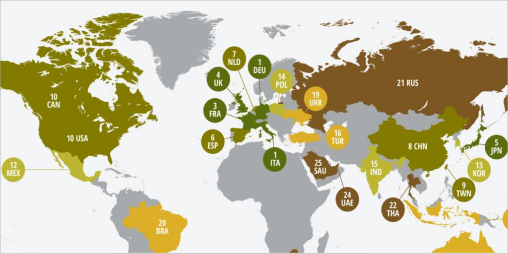 Mapamundi que muestra la clasificación de los países con mayor eficiencia energética.