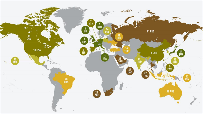 Mapamundi que muestra la clasificación de los países con mayor eficiencia energética. 