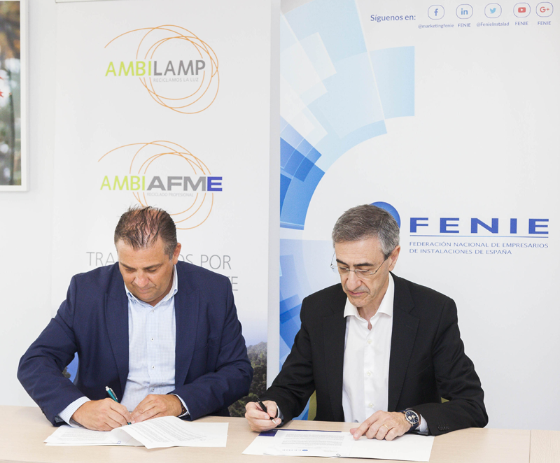 AMBILAMP/AMBIAFME y FENIE suscriben un acuerdo de colaboración para fomentar el reciclaje de aparatos eléctricos entre los instaladores