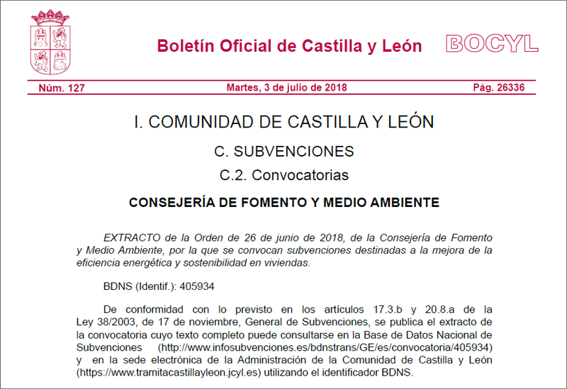 Detalle del extracto de la orden de 26 de junio de 2018, de la Consejería de Fomento y Medio Ambiente de la Junta de Castilla y León, por la que se convocan subvencioes destinadas a mejorar la eficiencia energética y sostenibilidad de viviendas. 
