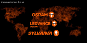 Pantallazo del vídeo corporativo de Ledvance con sus tres marcas: Osram, Ledvance y Sylvania.