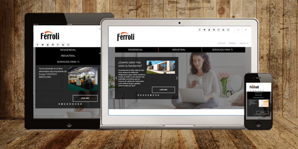 Dispositivos electrónicos(tablet, portátil y smartphone) con la nueva web de Ferroli en pantalla.
