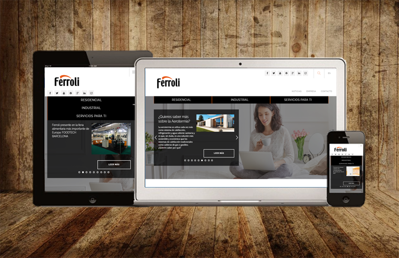 Dispositivos electrónicos(tablet, portátil y smartphone) con la nueva web de Ferroli en pantalla. 