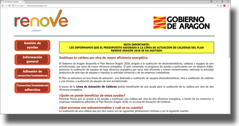 Pantallazo de la página web del Plan Renove de Calderas del Gobierno de Aragón. 