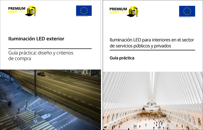 Portadas de las guías sobre iluminación LED interior y exterior en sector servicios. 