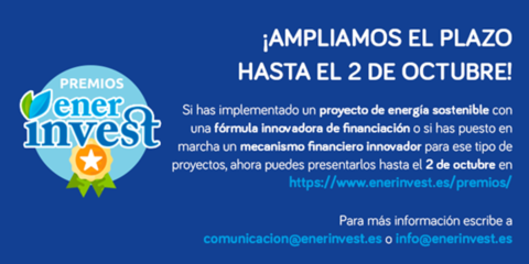 La recepción de candidaturas para los Premios Enerinvest se amplía hasta el 2 de octubre
