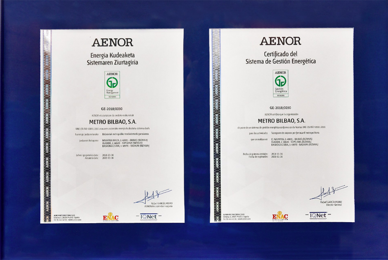 Metro Bilbao logra el Certificado AENOR ISO 50001 por su sistema de gestión de la energía eficiente y sostenible
