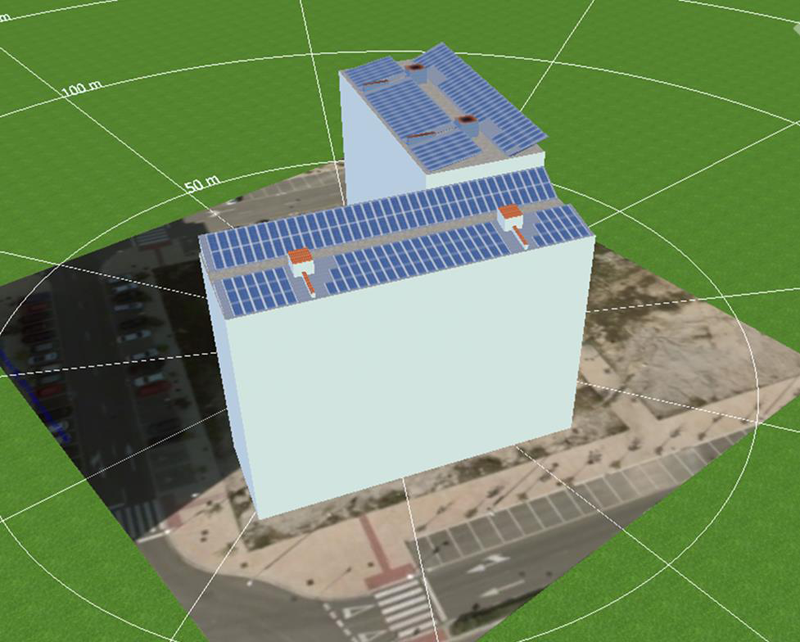 Proyecto edificio Solarhaus con placas fotovoltaicas sobre la cubierta.