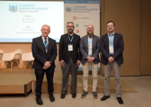 De izquierda a derecha: Luis Vega, Subdirector General de Arquitectura y Edificación del Ministerio de Fomento; Carlos Lahoz, Vicedecano del Colegio Oficial de Arquitectos de Madrid; Stefan Junestrand, Director del Congreso, y Laureano Matas, Secretario General del Consejo Superior de Colegios de Arquitectos de España, en la inauguración del V Congreso Edificios Inteligentes.
