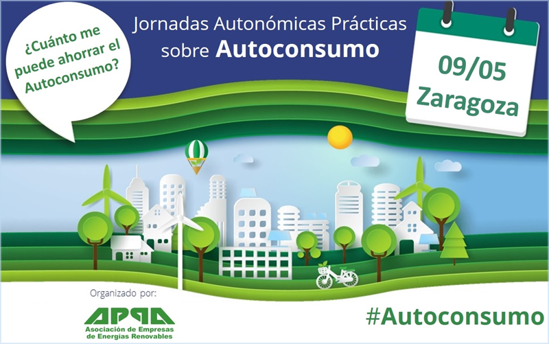 Anuncio de la jornada gratuita que APPA Renovables organiza en Zaragoza sobre beneficios del autoconsumo energético para empresas y particulares. 