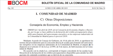 Las empresas industriales de la Comunidad de Madrid ya pueden solicitar las ayudas para el autoconsumo energético