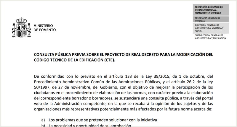 Consulta pública previa sobre el proyecto de Real Decreto para la modificación del Código Técnico de la Edificación. 