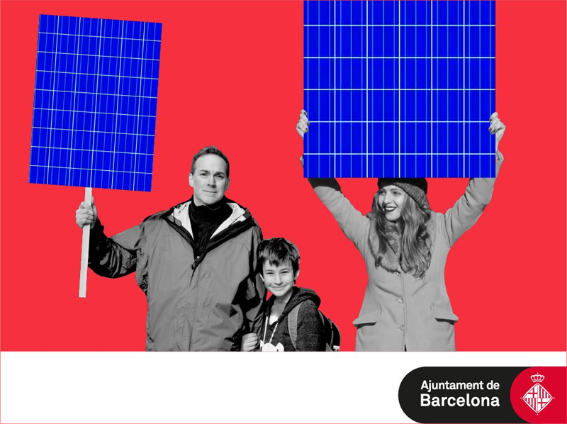 Cartel de la campaña "Comparte el Sol" para financiar la instalación fotovoltaica de autoconsumo del centro cívico Congento de San Agustín, en Barcelona.