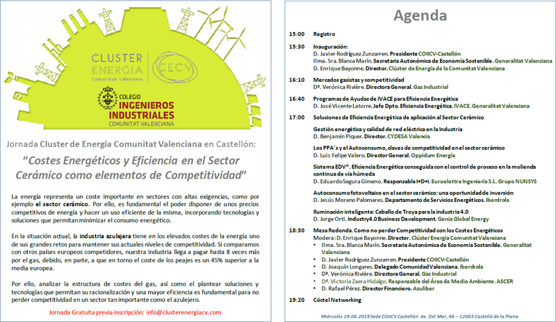 Programa de la Jornada "Costes energéticos y eficiencia en el sector cerámico como elementos de competitividad". 