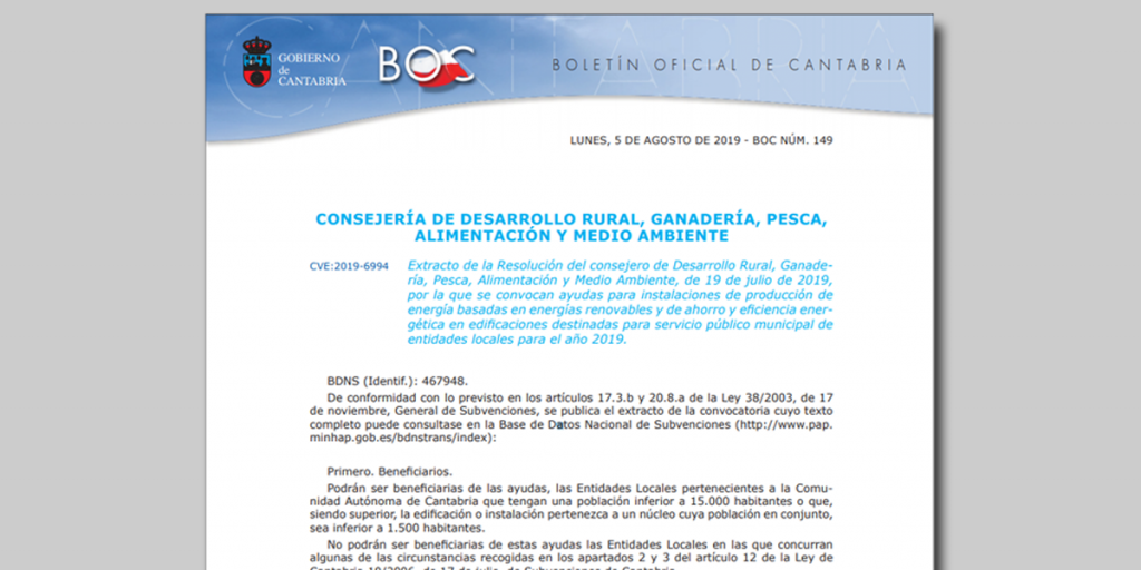 Extracto de la Resolución del Gobierno de Cantabria por la que se convocan ayudas para instalaciones de energías renovables y eficiencia energética.