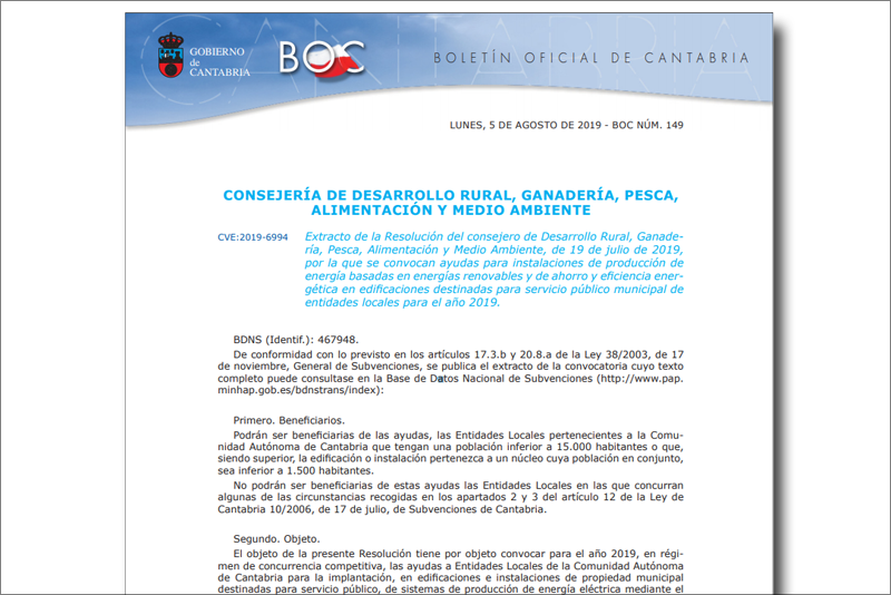Extracto de la Resolución del Gobierno de Cantabria por la que se convocan ayudas para instalaciones de energías renovables y eficiencia energética. 