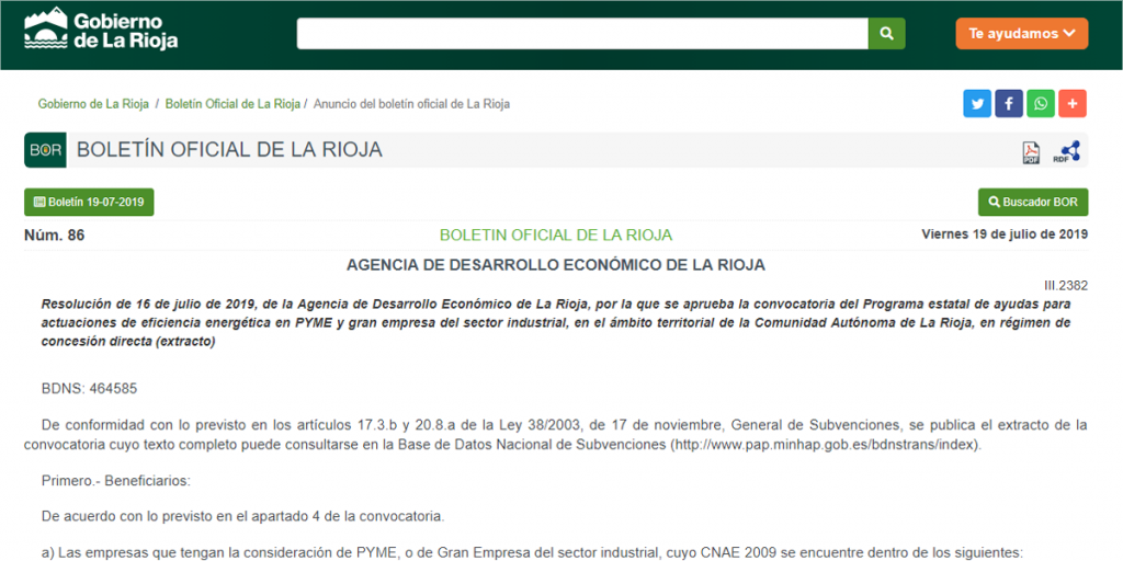 Pantallazo de la resoucióndel 16 de julio de 2019 de la Agecia de Desarrollo Económico de La Rioja.