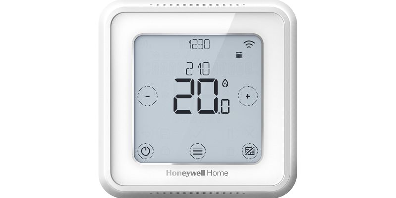 Versión en blanco del termostato inteligente T6 de Resideo bajo la marca Honeywell Home. Regulación de calefacción.