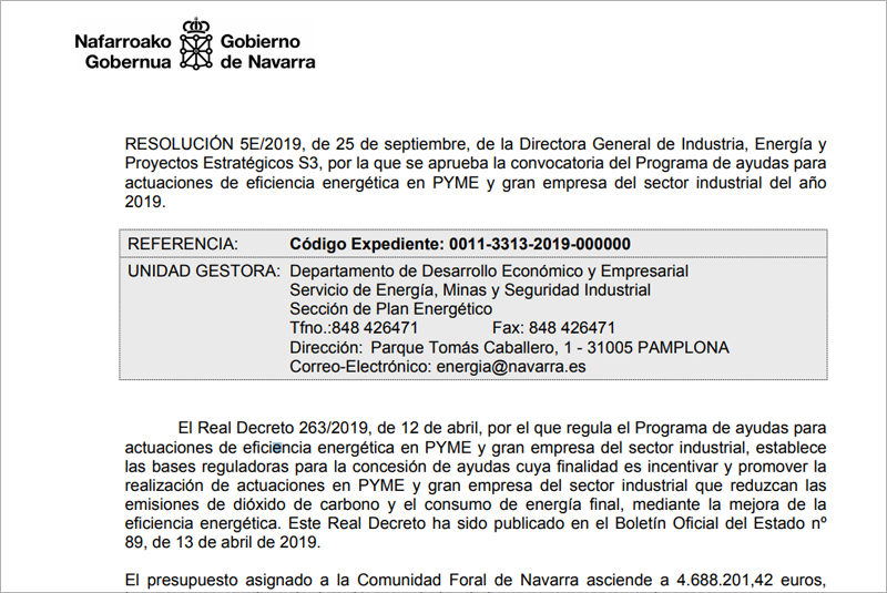 Fragmento de la convocatoria del La convocatoria del Programa de ayudas para actuaciones de eficiencia energética en PYME y gran sector industrial del año 2019 publicada en el Boletín Oficial de Navarra.
