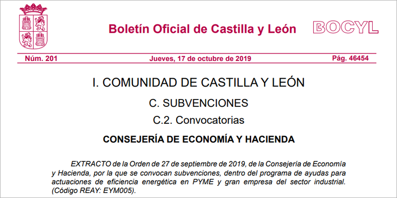 Extracto de la convocatoria de subvenciones para mejorar la eficiencia energética en pymes y grandes empresas de Castilla y León.