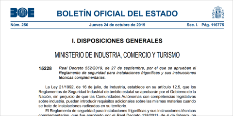 El BOE publica el Reglamento de seguridad para instalaciones frigoríficas y sus instrucciones técnicas complementarias