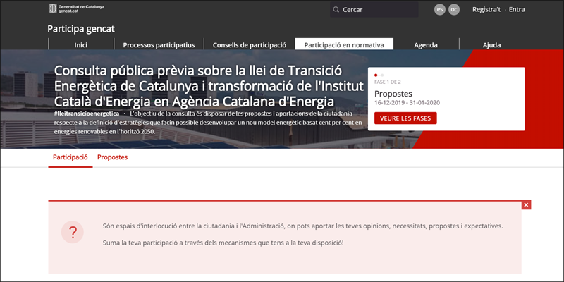 Consulta pública previa sobre la ley de Transición Energética de Cataluña y transformación del Instituto Catalán de Energía en Agencia Catalana de Energía