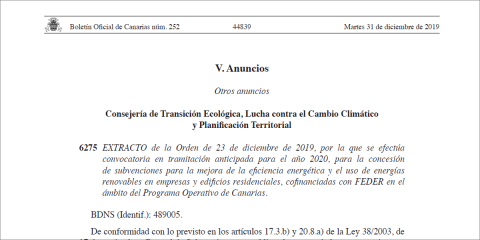 Convocatoria de ayudas para mejorar la eficiencia energética en empresas y edificios residenciales de Islas Canarias