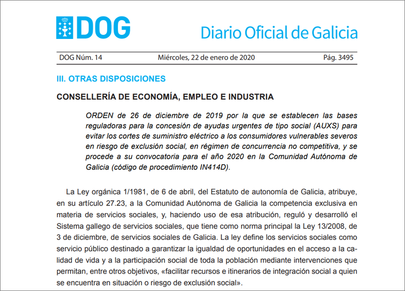 La Xunta de Galicia convoca ayudas urgentes para evitar cortes de suministro eléctrico a los consumidores vulnerables severos en riesgo de exclusión social. 