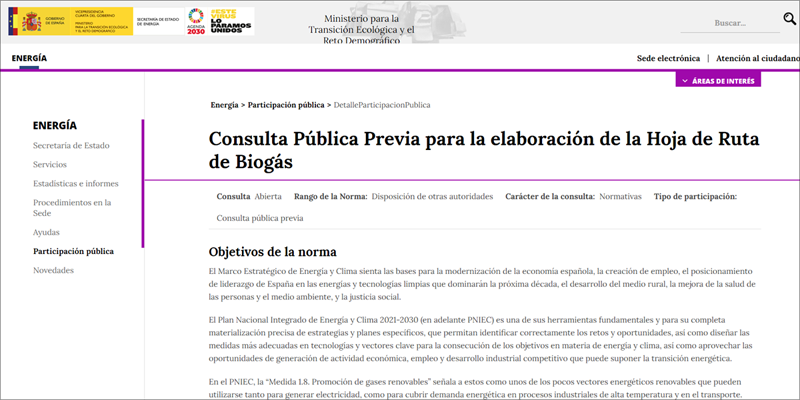 El Miteco abre el proceso de consulta pública previa para la Hoja de Ruta del Biogás