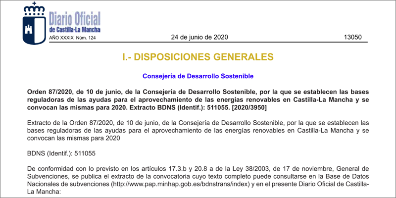 El Gobierno de Castilla-La Mancha publica la orden de ayudas para instalaciones de energías renovables para particulares con una inversión de 900.000 euros