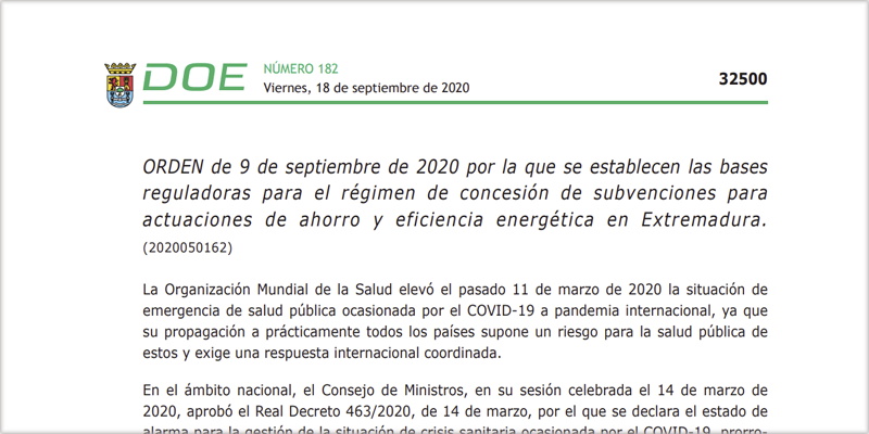 Publicación en el BOE de ayudas para actuaciones de ahorro y eficiencia energética en Extremadura